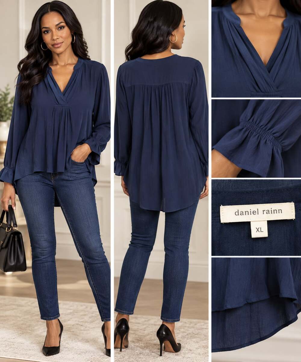 Daniel Rainn Blouse Size XL Navy Blue Long Sleeve V-Neck Crinkle Top